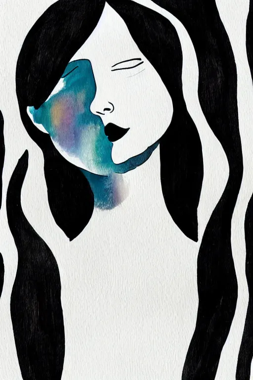 Prompt: the abstract painting of an image of a lady artistic flat illustration by Joshy Frost+Sandra Pelser, creative art, soft colors mono chromatic, black color on white background, watercolor effect