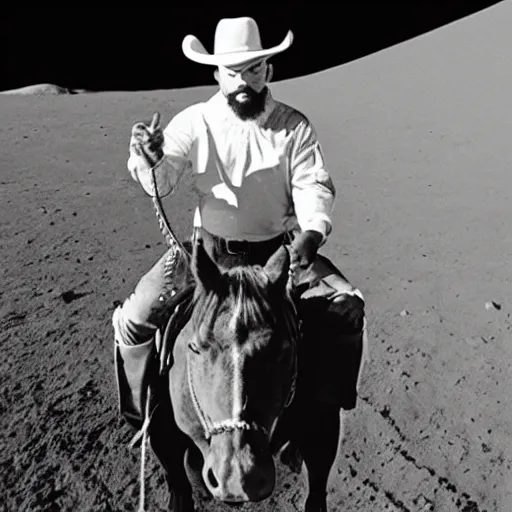 Prompt: anton lavey wearing a cowboy hat, riding a horse on the moon