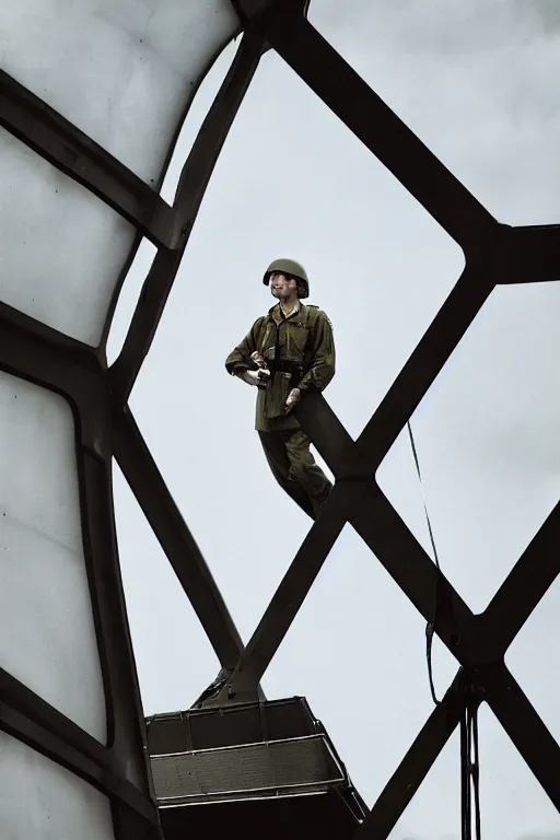 Image similar to kodak portra 5 0 mm f 4 full body portrait photography of a wwii airborne infantry soldier who's a mix of gillian anderson and adam driver, looking exhausted, setting is inside a sci fi megastructure tower looking out a window, photo by erwin olaf