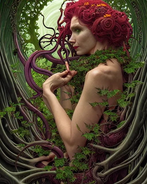 Image similar to the platonic ideal of flowers and roots of cletus kasady, venom, poison ivy, ultimate beautiful succubus medusa, cthulhu, intricate, hyperrealism, intense, dmt, artgerm, moebius, greg rutkowski, dan mumford, alphonse mucha