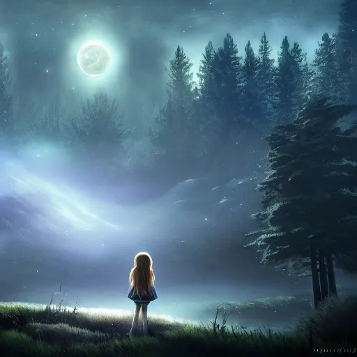 Prompt: girl looks at the space, d & d, fantasy, mist, space moon in background, trees, hyper detailed, midium shot, 8 k realistic, cryengine, digital painting, trending on artstation, concept art, sharp focus, illustration,