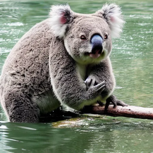 Image similar to a fierce koala bear fishing for salmon alongside an alaskan creek.