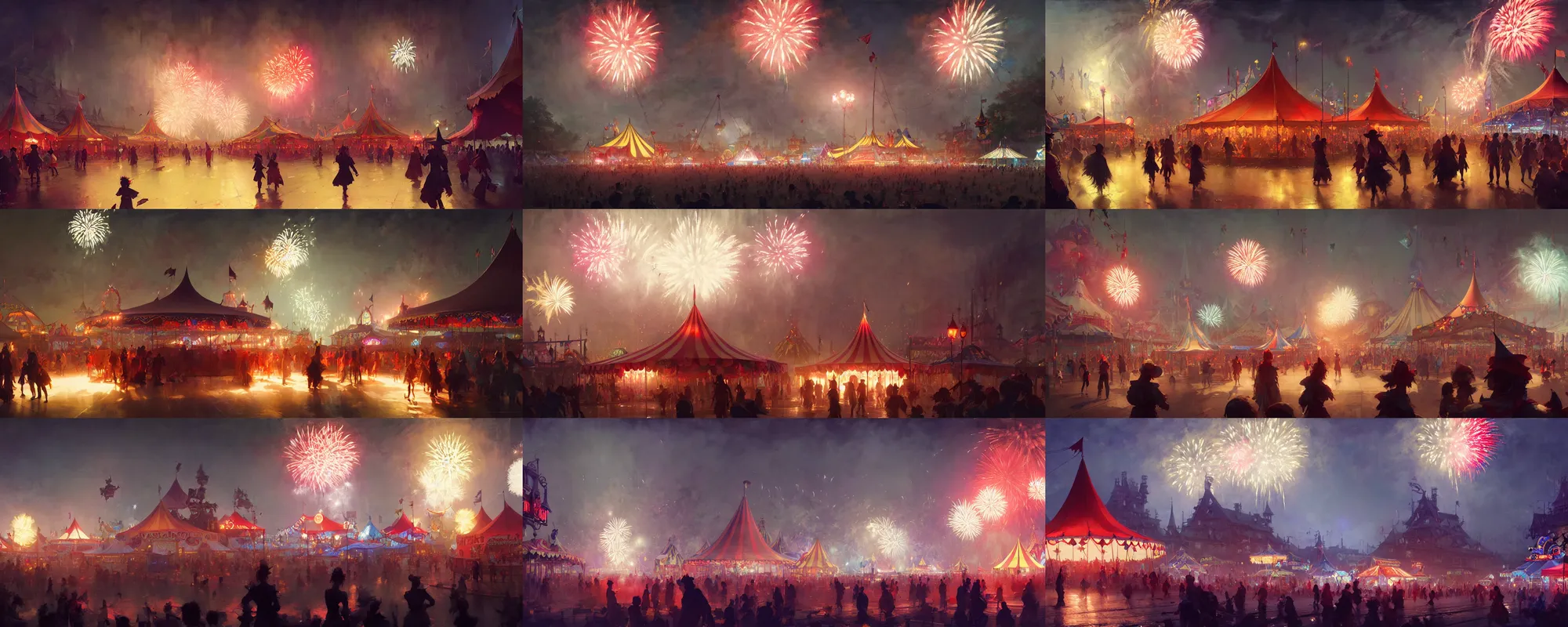 Prompt: witchlight carnival, small town, amusement stalls, big top circus tent, summer festival night, fireworks, illustration, highly detailed, digital painting, concept art, matte, art by ruan jia and wlop and greg rutkowski and makoto shinkai, masterpiece