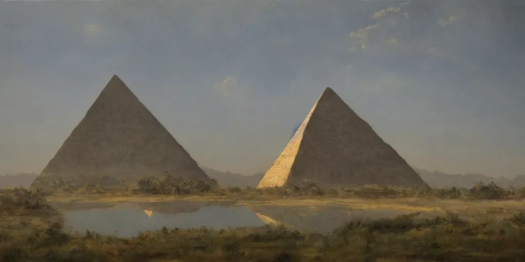 Prompt: a beautiful painting of a pyramide in a serene landscape, atompunk