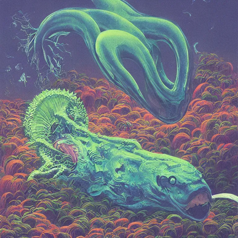 Prompt: Hyperrealistic intensely colored studio Photograph portrait of a deep sea bioluminescent Electric Kaiju Eel sitting in a lawn chair in its back yard, award-winning nature oil painting by Audubon and Zdzisław Beksiński vivid colors hyperrealism 8k