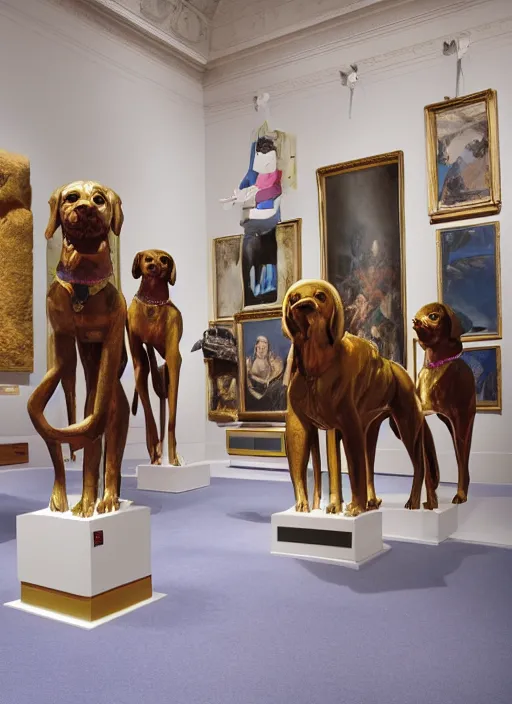 Image similar to a museum room with an sculpture of a velvet dogs made by koons