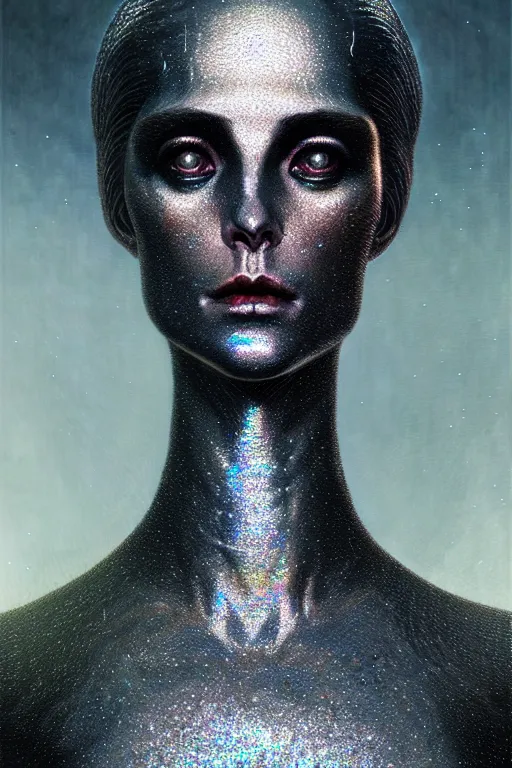 Prompt: pearlescent black lilith! the mother of all monsters, covered in iridescent glitter!, raining ash, fine art masterpiece, highly detailed dino valls wayne barlowe machiej kuciara, dramatic lighting, long shot, low angle, uhd 8 k, sharp focus