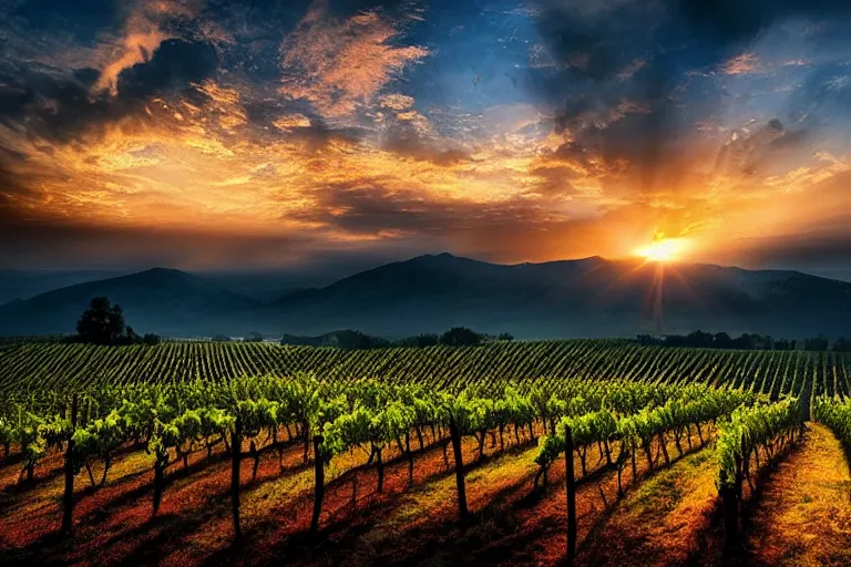 Prompt: amazing landscape photo of vineyard with an eagle in sunset by marc adamus beautiful dramatic lighting