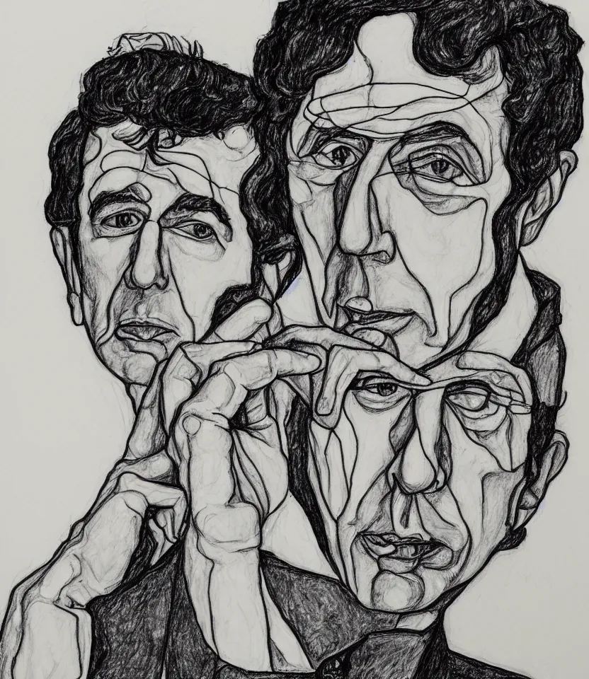 Image similar to line art portrait of leonard cohen inspired by egon schiele. contour lines, twirls and curves, musicality, rapid sketch