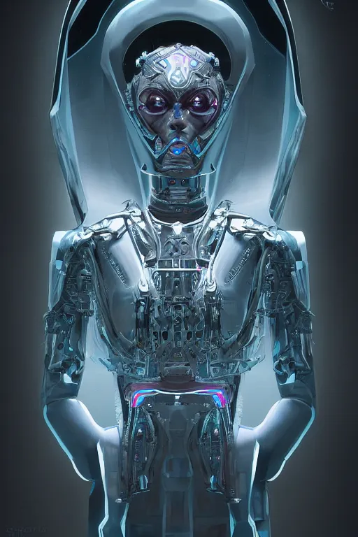 Image similar to detailed portrait of a cyborg, necromancer, benevolent, scifi, futuristic, elegant cape, glow, concept art, sharp focus, inside a space ship, trending on artstation, intricate, advanced technology, art by roman makarenko and simon almeida and marcos melco