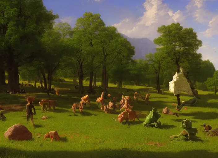 Prompt: tilt shift green pasture, clay creatures playing a game, Albert Bierstadt, Jim Burns, Edwin Church, Frederic Thomas Cole, Brown Durand, Asher David Friedrich, Caspar James Gurney, Johnson Heade, Martin Raphael Lacoste, Ted Nasmith, Andreas Rocha, Christophe Vacher !n 9