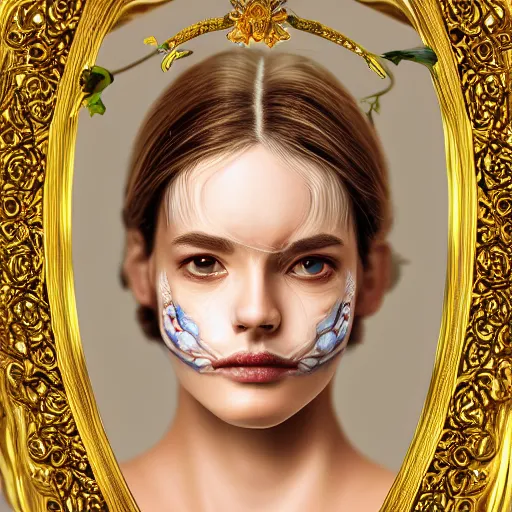 Image similar to beatifull frontal face portrait of a woman, 150 mm, anatomical, flesh, flowers, mandelbrot fractal, facial muscles, veins, arteries, symmetric, intricate, golden ratio, full frame, microscopic, elegant, highly detailed, ornate, ornament, sculpture, elegant , luxury, beautifully lit, ray trace, octane render in the style of peter Gric , alex grey and Romero Ressendi