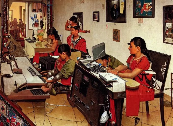 Prompt: Ancient Aztecs using computer at a lan house, Ancient, artwork by Norman Rockwell,