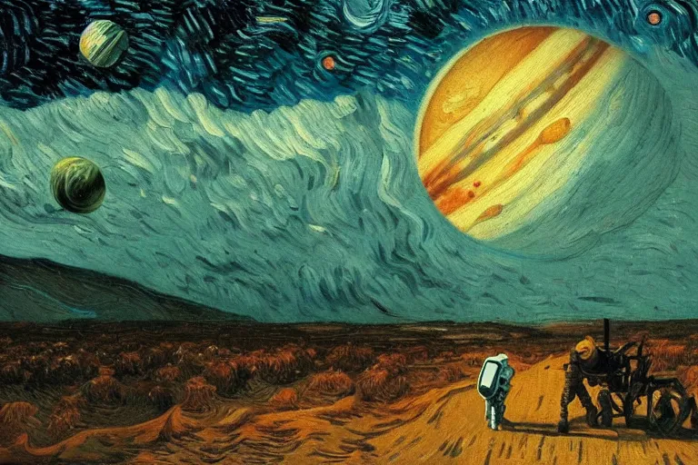 Prompt: an astronaut view from Jupiter, beautiful, national geographic, very detailed, astrophotography, oil painting, canvas, Vincent van Gogh, Caspar David Friedrich, Albert Bierstadt