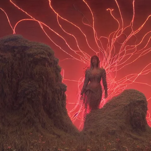 Image similar to A woman wearing clothes made out of thunder clouds and flowers, giant monsters walking in the distance, red skin, Masterpiece, glowing, wires everywhere, by Edgar Maxence and Ross Tran, Zdzisław Beksiński, and Michael Whelan, distant, gustav dore, H.R. Giger, 8k, octane render