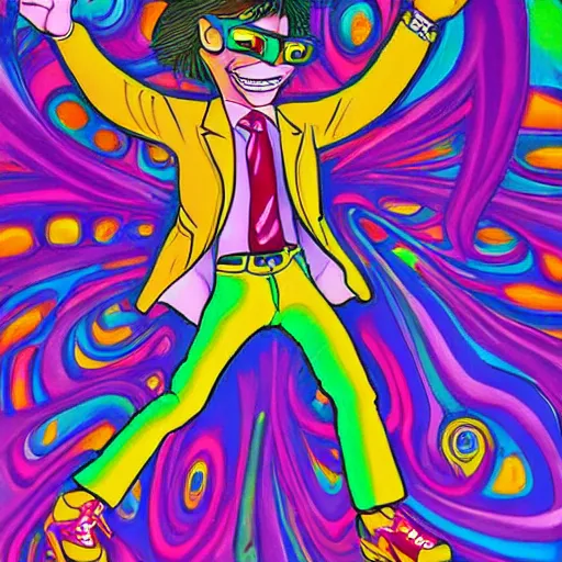 Prompt: high detailed painting of the adult version Otto Rocket dancing at a psychedelic rave