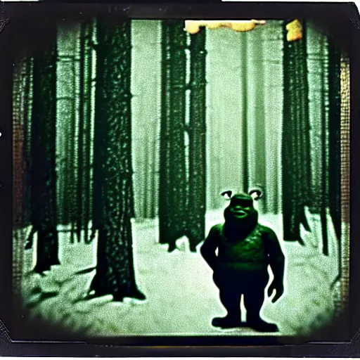 Prompt: 1 9 6 0's old polaroid of shrek staring from the depths of the dark gloomy forest, photorealistic, grainy, found footage, old film, low quality, horror, creepy, unsettling, liminal, strangely terrifying