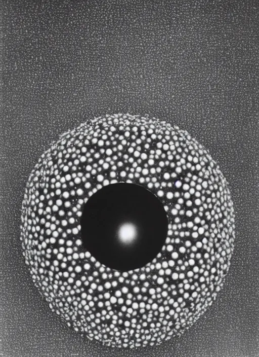 Prompt: realistic object photo of sculpture molecule made of eyeballs, black cloud made of caviar, readymade, dadaism, fluxus, man ray 1 9 9 0, life magazine photo