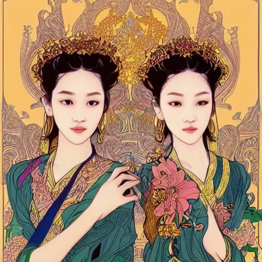 Image similar to beautiful and detailed digital illustration of a twin thai princesses by kittichai rueangchaichan, floralpunk, Artstation, art nouveau aesthetic, Alphonse Mucha background, intricate details,concept art, realistic, dramatic, detailed intricate ink illustration, heavenly atmosphere, Ukiyo-style