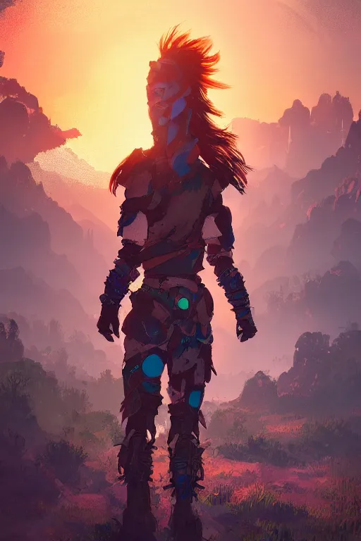 Image similar to combination suit armor aloy horizon forbidden west horizon zero dawn radiating a glowing aura global illumination ray tracing hdr fanart arstation by ian pesty and alena aenami artworks in 4 k tribal robot ninja mask helmet backpack