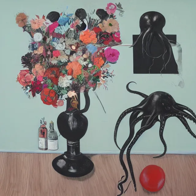 Image similar to empty room with black walls, sensual portrait of a female pathologist, broken vase of flowers and water, octopus, squashed berries, neo - expressionism, surrealism, acrylic and spray paint and oilstick on canvas