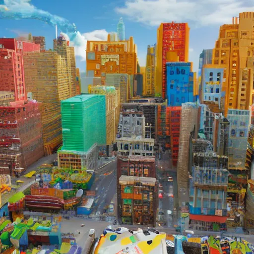 Image similar to ( ( new york ) ) made of kid's toys!!!!, amazing details, atmospheric, 4 k, aesthetic octane render, street view, warm hue's