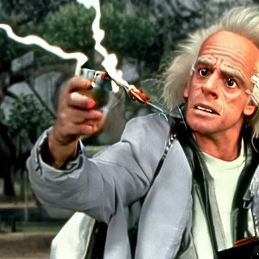Image similar to deleted footage from back to the future part II, Doc Brown smoking a bong