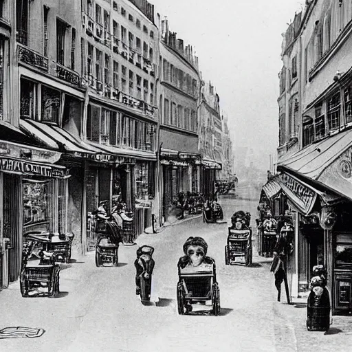 Prompt: une rue de paris vide avec des voitures garees, un restaurant avec une terrasse, des boutiques avec des neons, en debut de matinee en 1 8 2 9