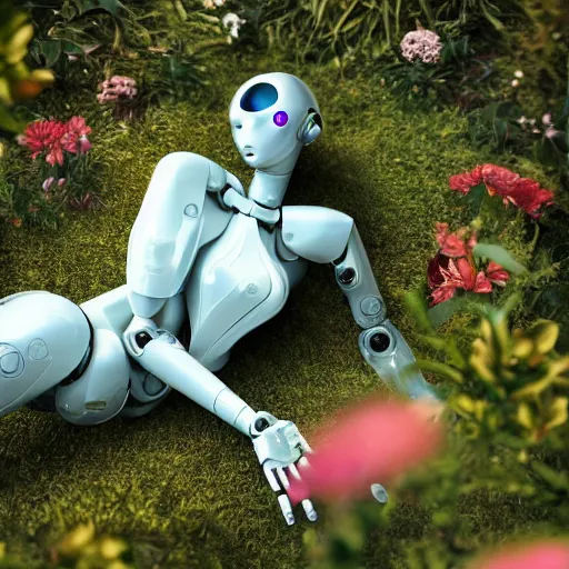 Prompt: side view of a beautiful abandoned human - shaped robot laying on the ground, overgrown foliage with flowers taking over it, close - up, 3 5 mm, biopunk, bokeh, beautiful, lens flare, emotional, detailed, picture, trending on artstation, award - winning, shiny, golden, angle view, octane render