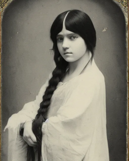 Prompt: a girl with short micro bangs and long hair dressed like the high priestess, 8 k, portrait, beautiful, young, dark hair, 1 8 0 0 s photograph, art nouveau