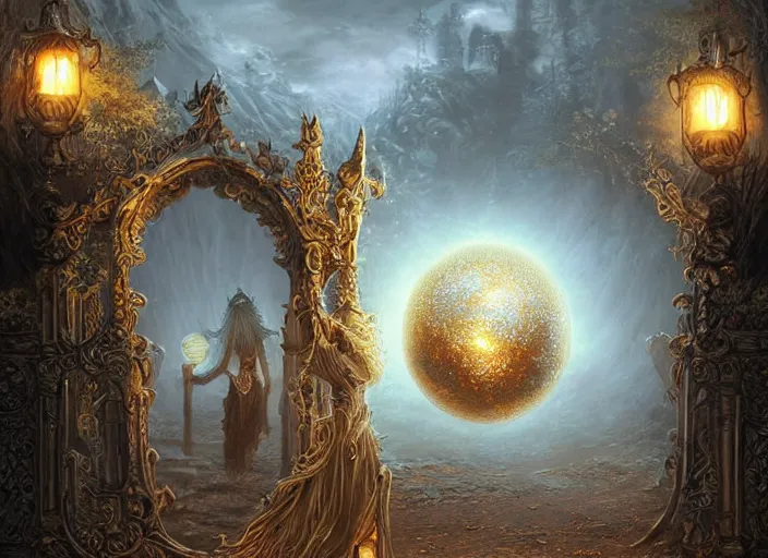 Image similar to large rustic intricately decorated cast iron gate, a view to an eerie fantasy world, golden glowing sphere, ethereal back light, mist, coherent composition, detailed fantasy painting by artgerm, noriyoshi ohrai, yuumei