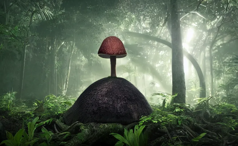 Prompt: a beautiful render of an alien mushroom growing out of a human a skull in a rainforest, sunset lighting, intricate detail, hazy, humid, volumetric lighting, god rays, 8 k, photorealistic, raytracing effects, unreal engine 5