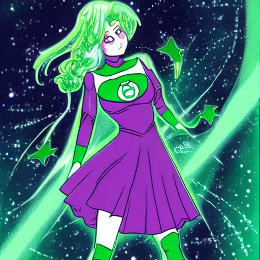 Image similar to Illustration of Green Lantern as a Magical Girl, green sailor uniform, anime, concept art, superheroine, shojo