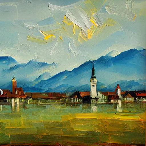 Image similar to a beautiful impasto oil painting of the city of the chiemsee, digital art