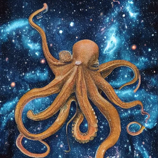 Image similar to a giant octopus god covered in stars in floating among the galaxies of the milky way