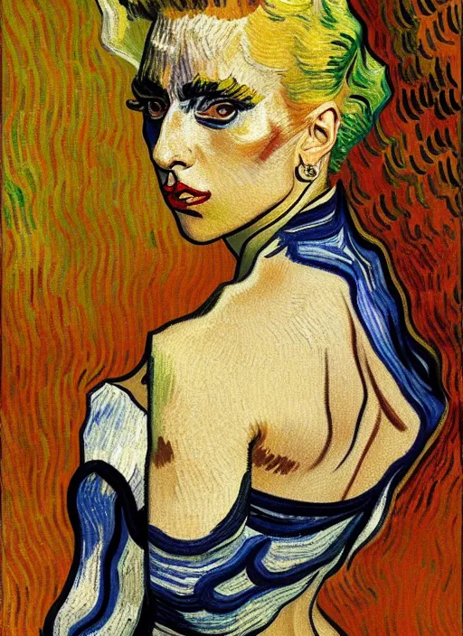 Image similar to lady gaga : : by vincent van gogh : : dynamic, particulate, rich colors, intricate, elegant, highly detailed, vogue, fashion magazine, smooth, sharp focus, 8 k