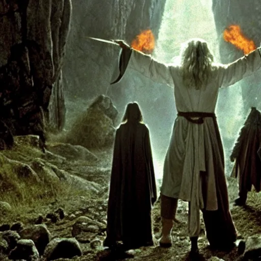 Image similar to shamanic ritual run by gandalf, a scene from lord of the rings,