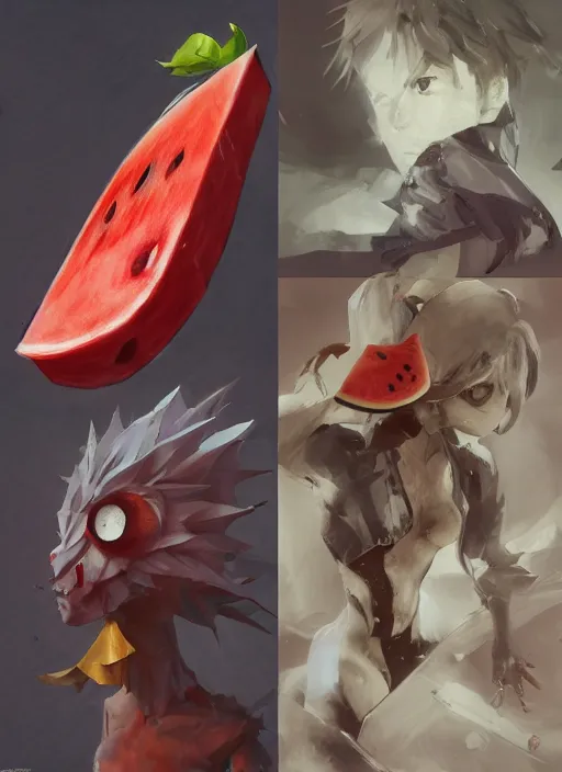 Image similar to semi reallistic gouache gesture painting, by yoshitaka amano, by ruan jia, by conrad roset, by dofus online artists, detailed anime 3 d render of an anthropomorphic watermelon, portrait, cgsociety, artstation, rococo mechanical, digital reality, sf 5 ink style, dieselpunk atmosphere, gesture drawn