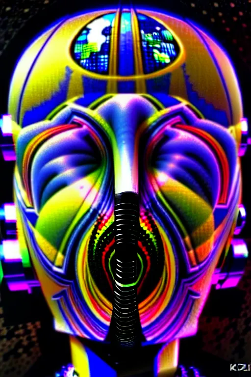 Image similar to maximalist detailed scifi robot head portrait. lowbrow scifi artwork by kidsquidy. ray tracing hdr polished sharp in visionary psychedelic fineart style inspired by alex grey and cameron gray