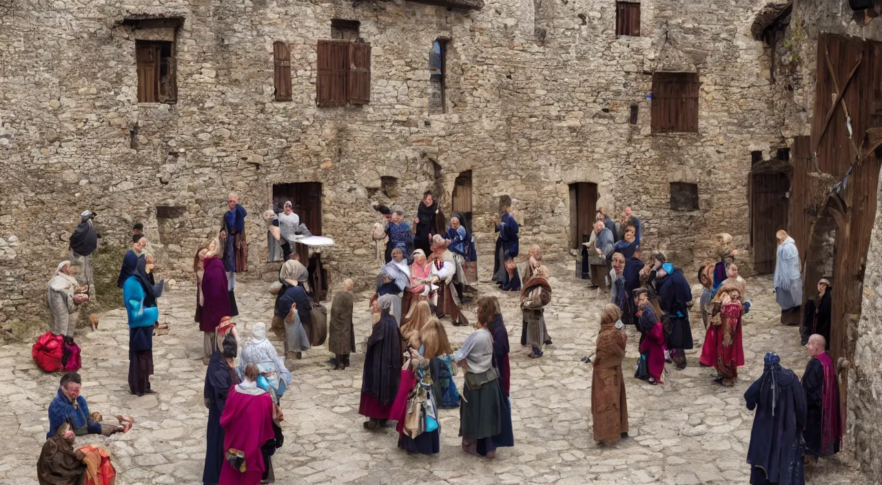 Image similar to people sharing jewels with each other in the middle of a medieval village