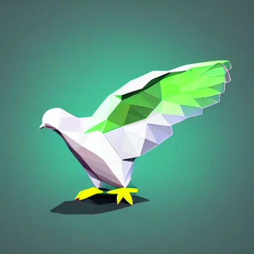 Prompt: isometric, vector, low poly, a green dove, low poly, cgsociety, black background, volumetric lighting, digital art