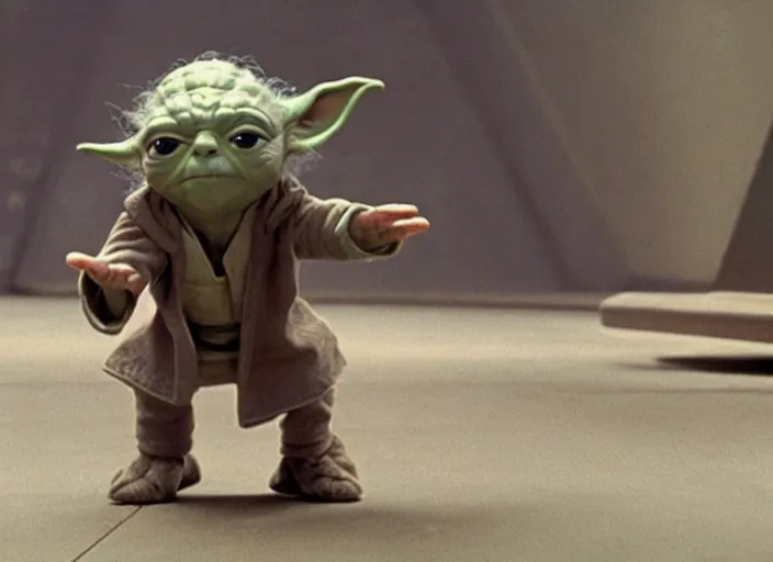 Prompt: film still of yoda goes bowling in the new Star Wars movie, 4k