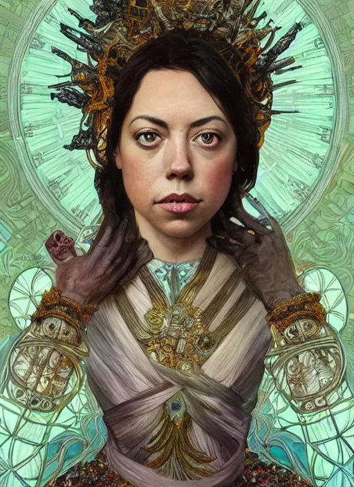 Image similar to Aubrey Plaza as God of Strangeness, cute, fantasy, intricate, elegant, highly detailed, digital painting, 4k, HDR, concept art, smooth, sharp focus, illustration, art by alphonse mucha,artgerm, H R Giger