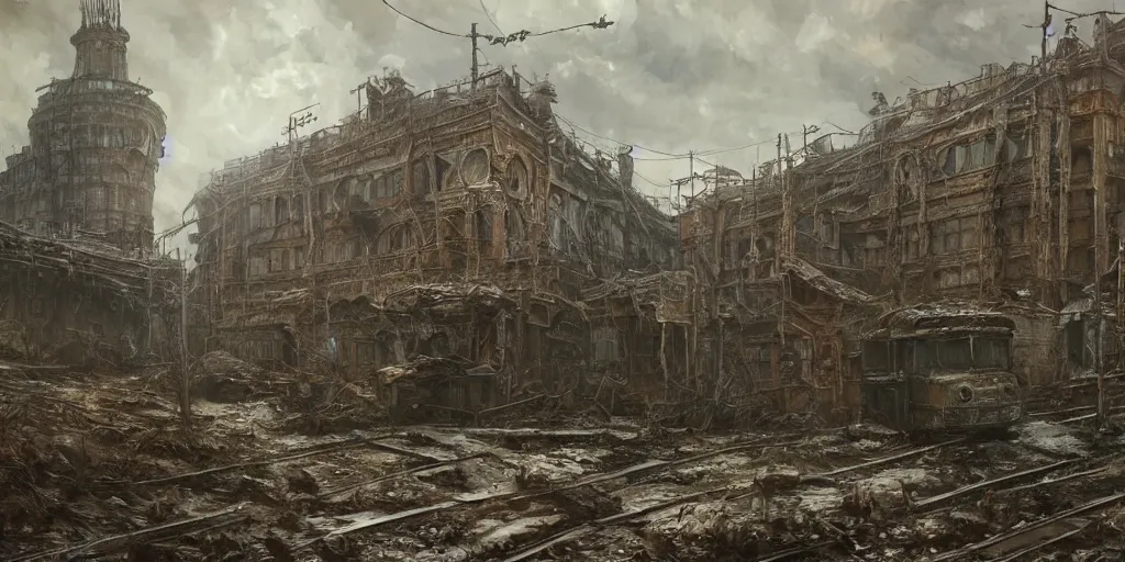 Image similar to A building made out of flesh as concept art for Metro Exodus, raining blood, flesh buildings, oil painting, painting by Viktor Vasnetsov, concept art, dark cityscape, brutalist architecture, painting by Ivan Shishkin and Alphonse Mucha, hyperborea, high resolution, trending on artstation,