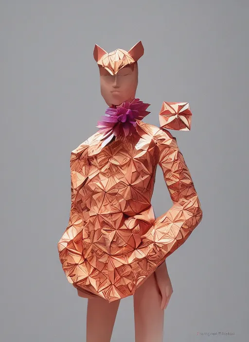 Image similar to portrait of a beautiful ceramic female tiger model wearing sakura and peach ( ( origami themed paper flower ) ) and metallic shapes haute couture by issey miyake