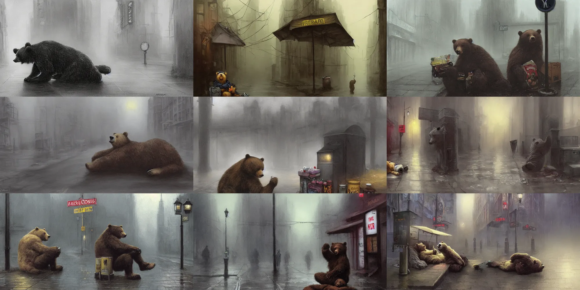 Image similar to hyper - realistic anthropomorphic bear homeless laying in a dark rainy street corner under carton boxes, honey dispensary, eerie foggy sky, frank frazetta, alex horley, ralph horsley, michael whelan