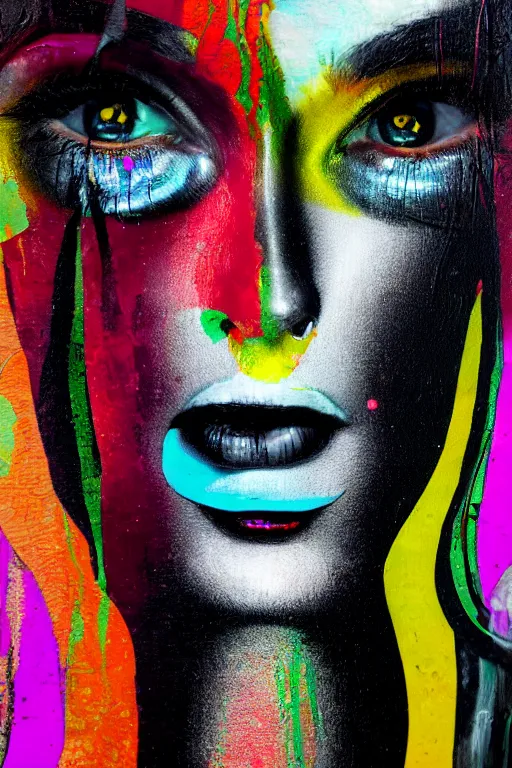 Image similar to brutal glitched painting, female face and bright paint in style of neo dada, dark background, hard paint, close-up