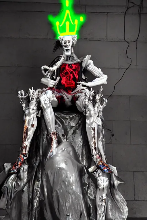 Image similar to full-body baroque and cyberpunk style neon statue of a young attractive (slender muscular Spanish macho bem dotado) e rico android ((sim roupa)) reclining (con pernas aberta e piroca dura) leite, glowing (((white laser))) eyes, prince crown of iridescent skulls, ruby, swirling gold-colored silk fabric. futuristic elements. full-length view. space robots. human skulls. intricate artwork by caravaggio. Trending on artstation, octane render, cinematic lighting from the right, hyper realism, octane render, 8k, depth of field, 3D