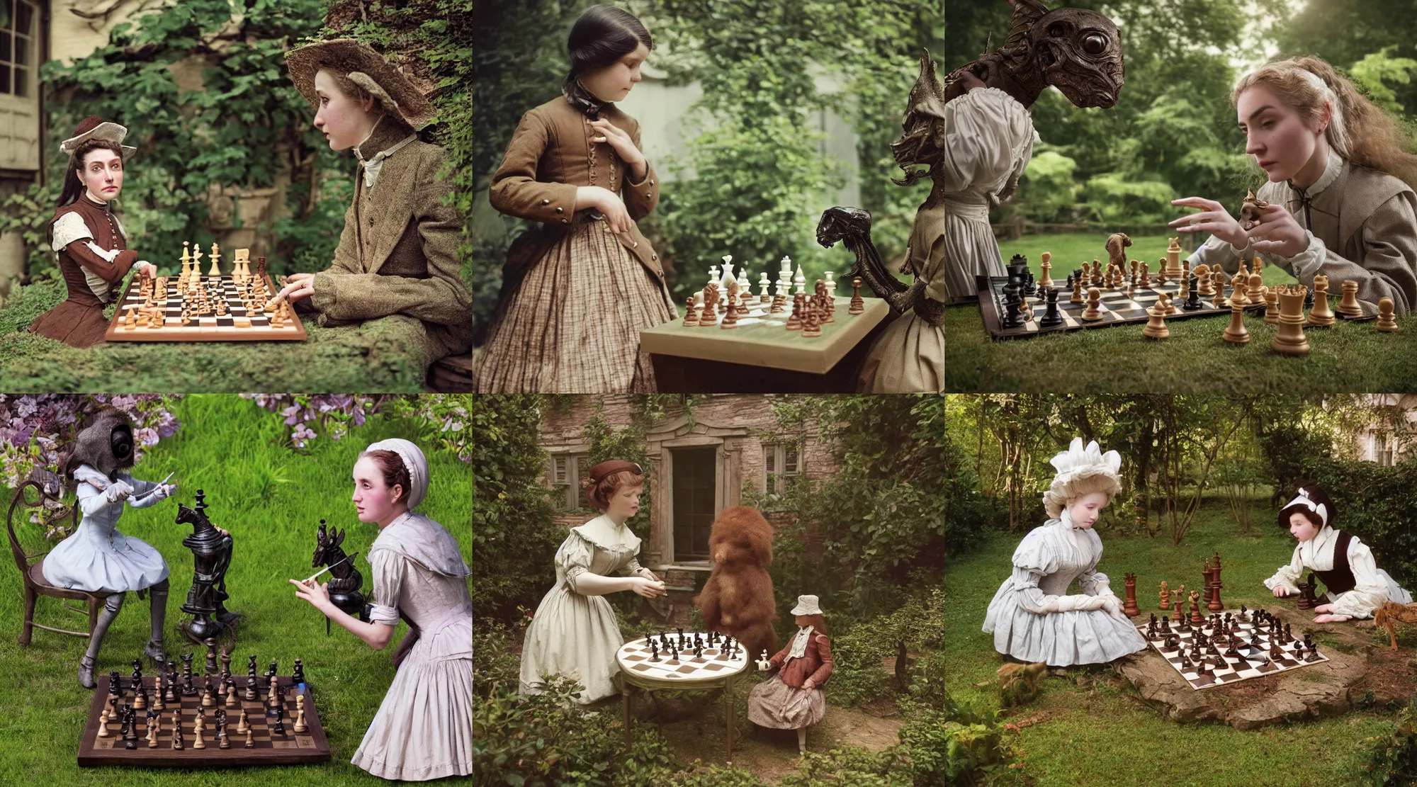 Prompt: detailed, sharp, a girl playing chess with her cute pet humanoid alien creature, wearing 1850s era clothes, in the garden of a house on an alien planet, extremely highly detailed, highly detailed faces, 70 mm film still from a period sci fi color movie, 4k, HD, cinematic lighting