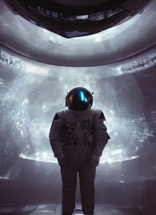 Image similar to poster art by craig mullins astronaut in futuristic dark and empty spaceship underwater. infrared glowing lights. complex and hyperdetailed technical suit. reflection and dispersion materials. rays and dispersion of light. volumetric light. 5 0 mm, f / 3 2. noise film photo. flash photography. unreal engine 4, octane render. interstellar movie art